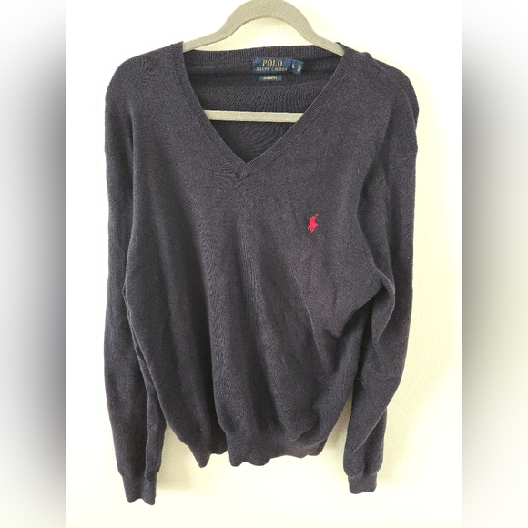 Polo Ralph Lauren Navy V Neck Sweater Mens Size Large 100% Pima Cotton Pony Logo - Picture 1 of 7